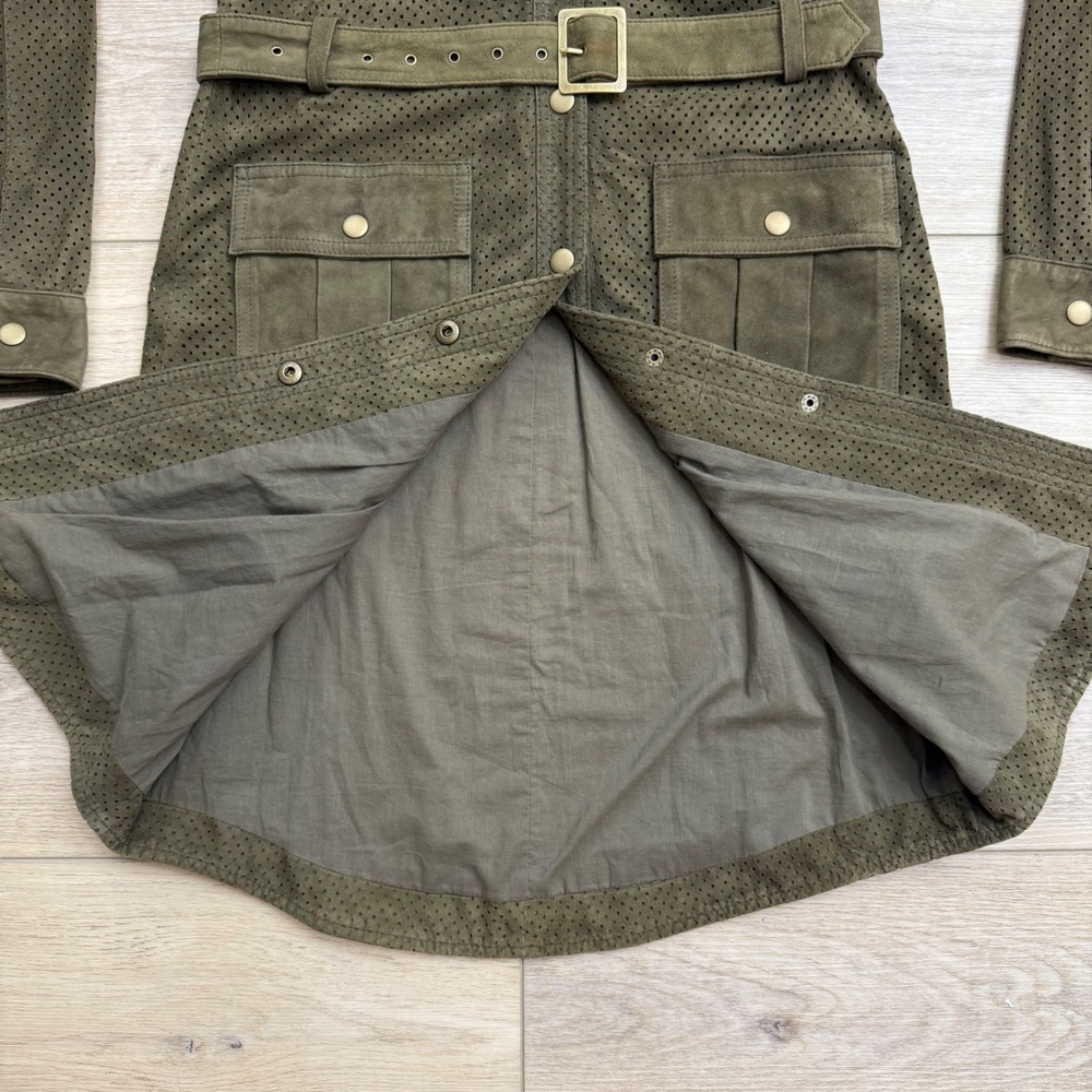 Haute Hippie Suede Leather Shirt Dress Olive Green Perforated Belted Utility - Picture 5 of 16